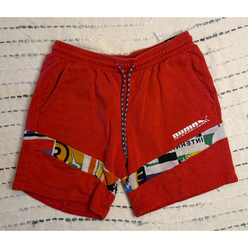 Puma International Red Graphic Sweat Shorts Mens Large French Terry Flag Print